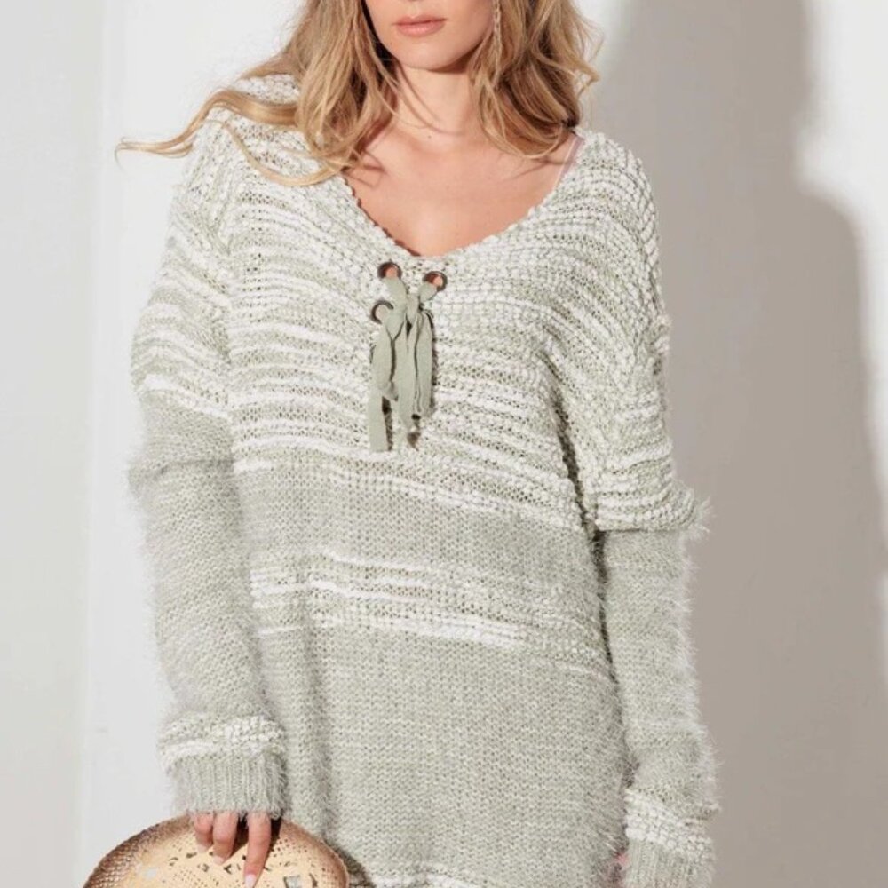 Relax Fit Mixed-Stitch Front Tie Tunic Sweater Dress